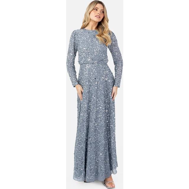 Maya Deluxe Sequin Long Sleeve Maxi Dress, Dusty Blue/Silver