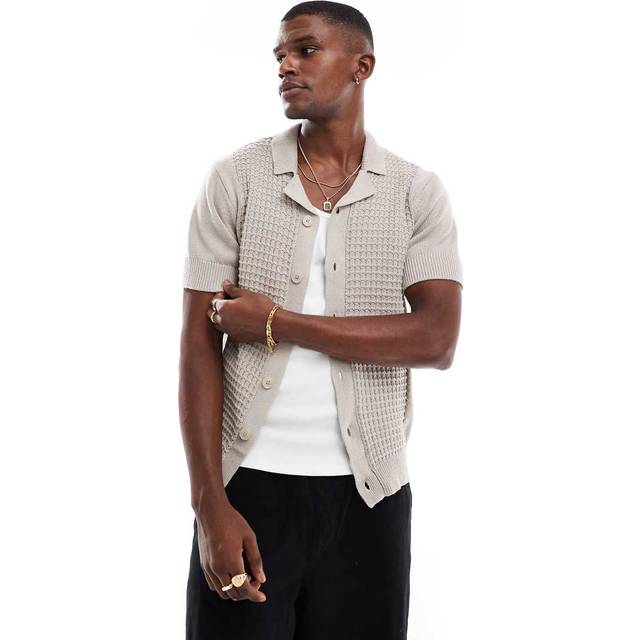 New Look Men's Stone Relaxed Textured Knit Bowling Shirt - M