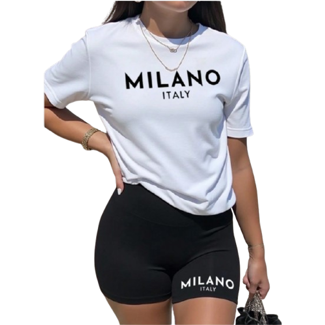 INAWLY Women Summer Casual Letter Printed Short Sleeve T-Shirt And Shorts 2pcs/Set