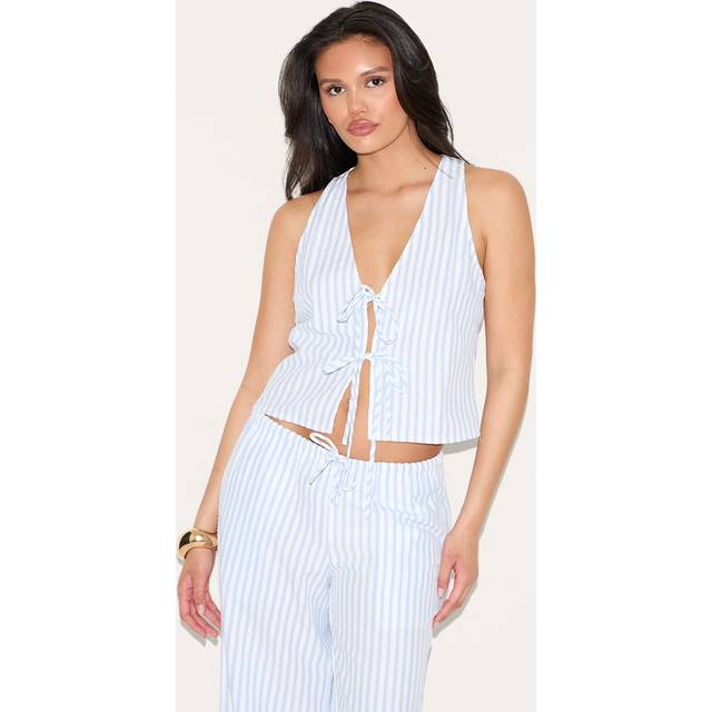 Blue Striped Sleeveless Tie Front Top, Blue - 14