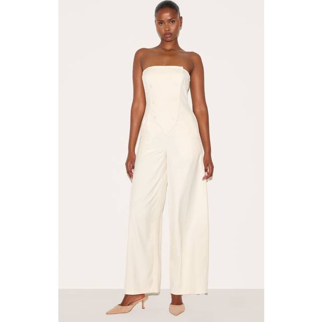 Cream Tailored Woven Button Up Wide Leg Bandeau Jumpsuit, White - 8