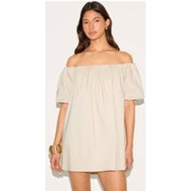 Stone Bardot Puff Sleeve Shift Dress, White - 6