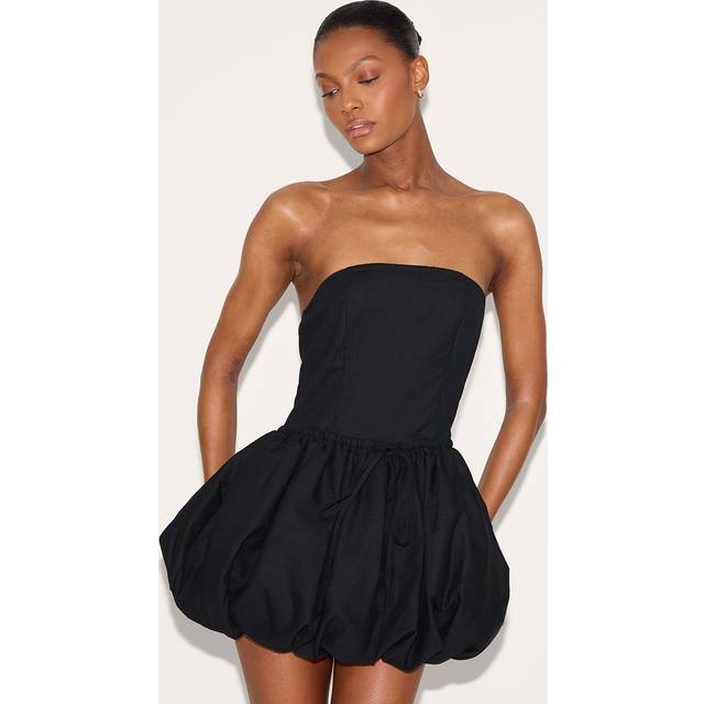 Black Linen Bandeau Tie Waist Puffball Dress, Black - 8