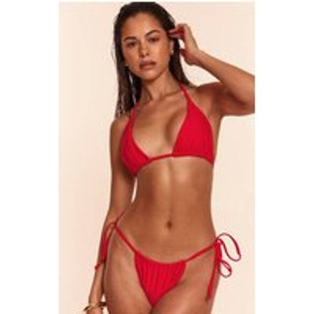 Red Tie Side Ruched Bikini Bottoms, Red - 14