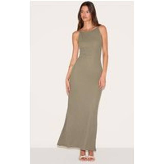 Khaki Textured Twist Shoulders Maxi Dress, Green - 14