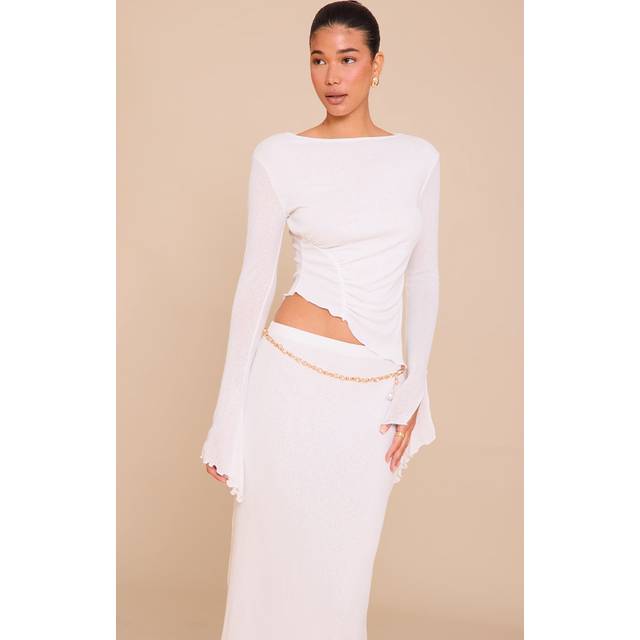 White Burnout Mesh Ruched Front Flared Sleeve Long Top, White - 14