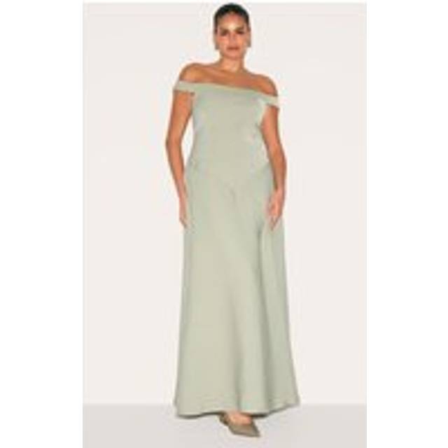 Plus Sage Green Structured Bardot V Waist Maxi Dress, Sage Green - 28