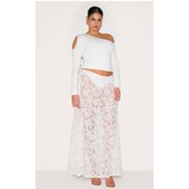 Plus White Floral Lace Sheer Maxi Skirt, White - 22