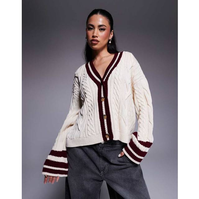 River Island Womens Cream Tipped Cricket Cable Knit Cardigan - M