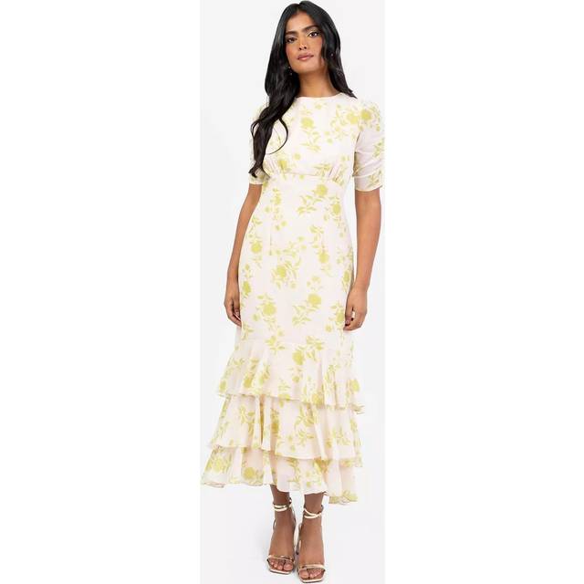 Anaya With Love Floral Ruffle Midaxi Dress, White/Chartreuse