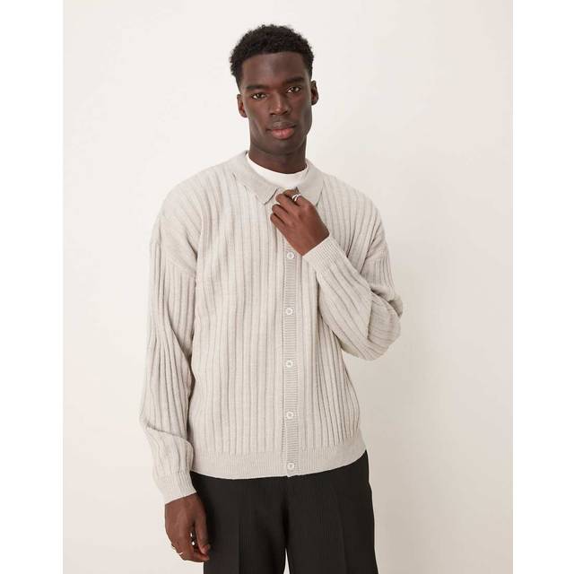 ASOS DESIGN – Beige, melerad, ribbstickad kofta i oversize med krage-Naturlig