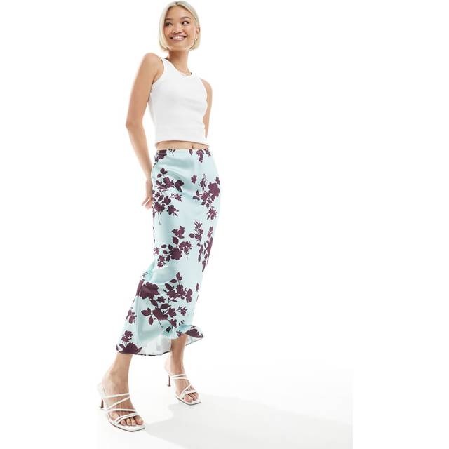 New Look Women's Blue Floral Print Satin Midi Skirt - UK 16