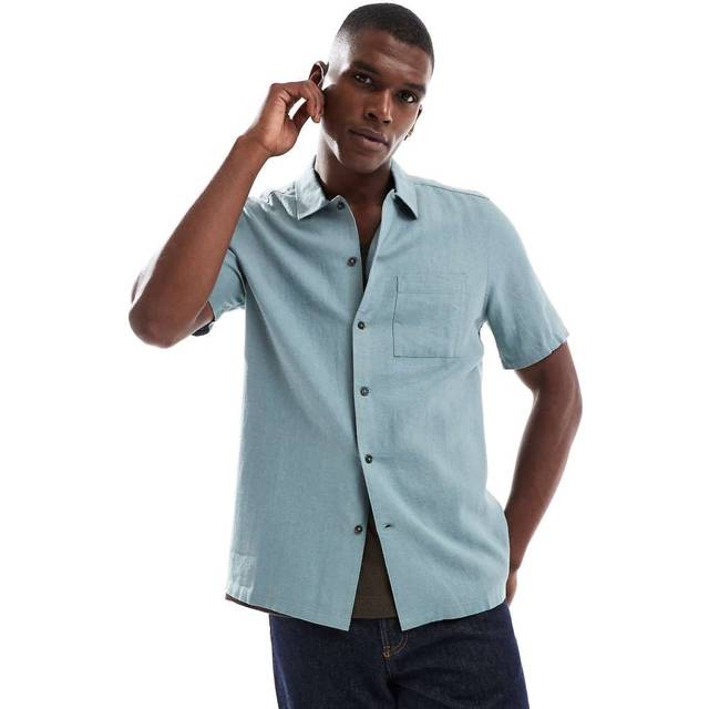 New Look Men's Green Regular Linen Blend Short Sleeve Shirt - L
