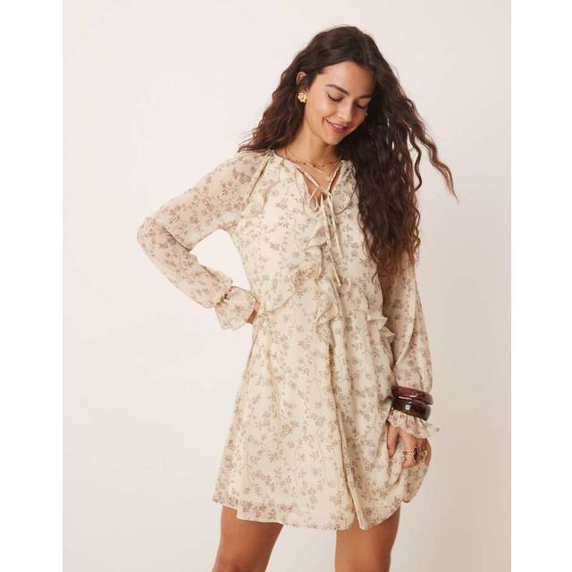 New Look Women's Cream Floral Print Frilly Trim Chiffon Mini Dress - UK 10