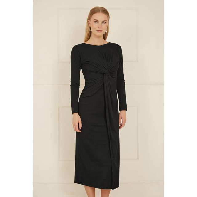 Yumi Midi Fitted Stretch Dress With Knot Detail In Black - 10