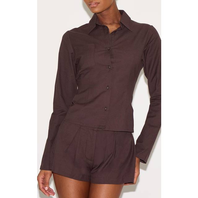 Chocolate Linen Look Pleated Mini Shorts, Chocolate - 12