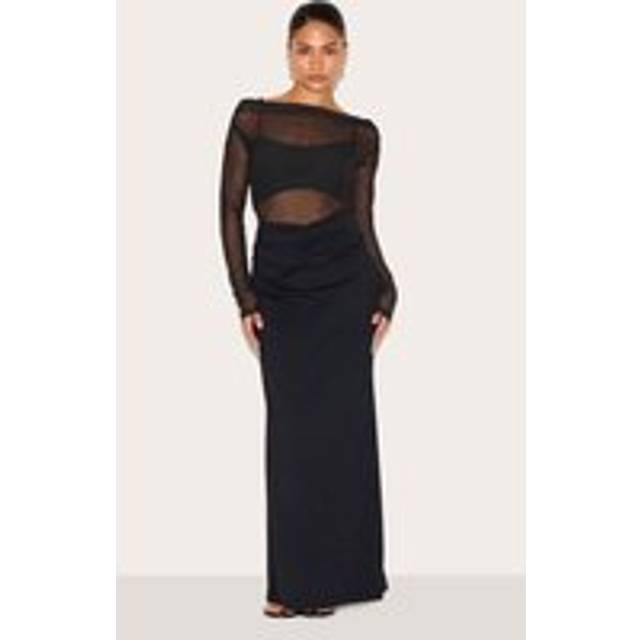Petite Black Slinky Long Sleeve Maxi Dress With Mesh Details, Black