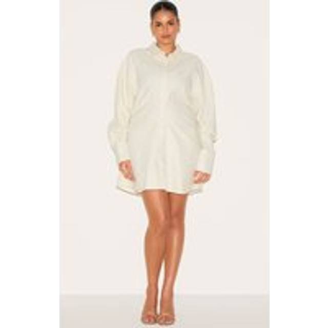 Plus Cream Pinstripe Seersucker Cinch Waist Shirt Dress, White - 20