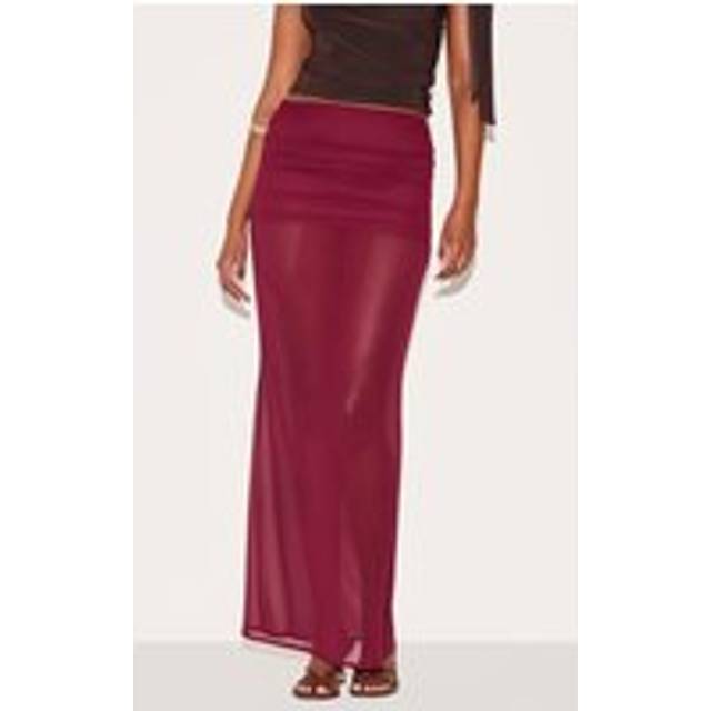 Wine Chiffon Fold Over Ruched Maxi Skirt, Red - 8