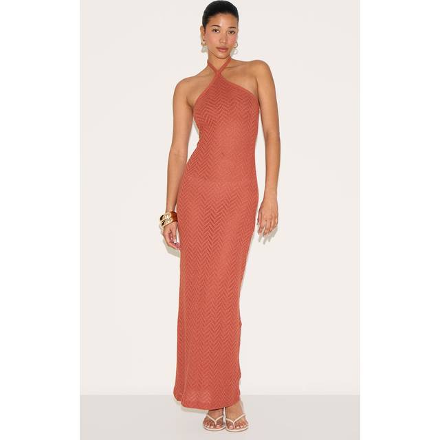 Rust Textured Tie Halter Maxi Dress, Orange - 10