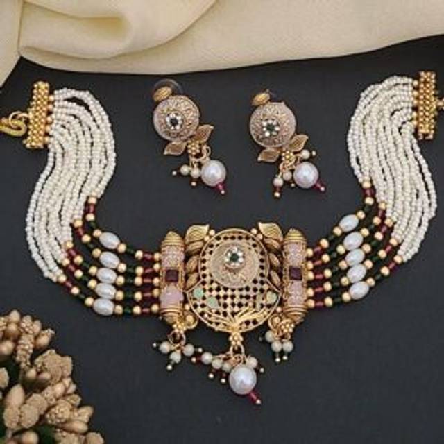 Traditional Ethnic Multi Strand White Pearl Dangle Diana Choker - Gold - One Size