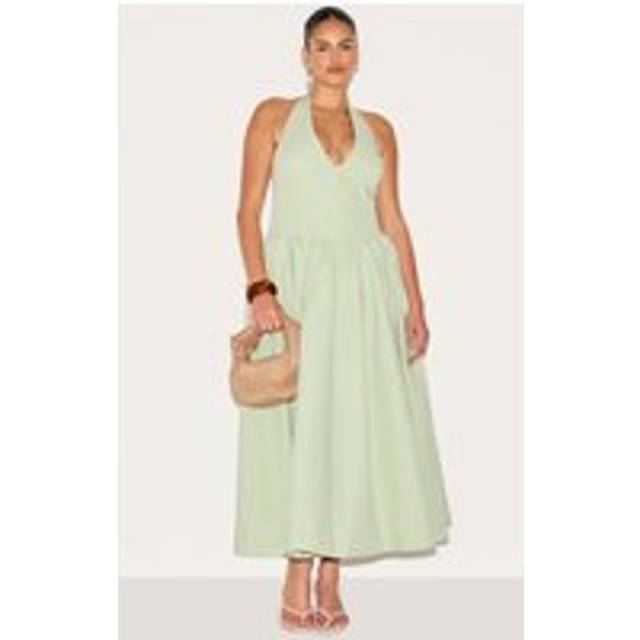 Plus Sage Green Halterneck Tie Detail Midaxi Dress, Sage Green - 20
