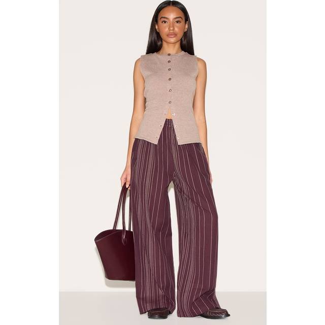 Petite Chocolate Stripe Linen Look Elasticated Waist Trousers, Chocolate - 10