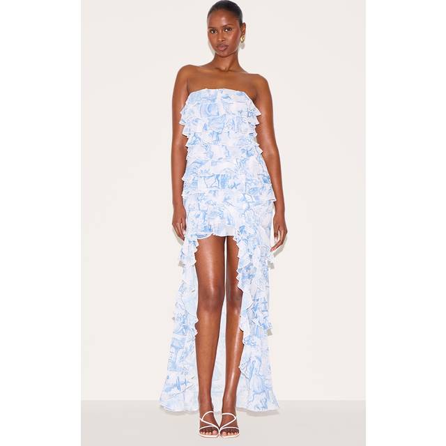 Blue Printed Ruffled Bandeau Maxi Dress, Blue - 16