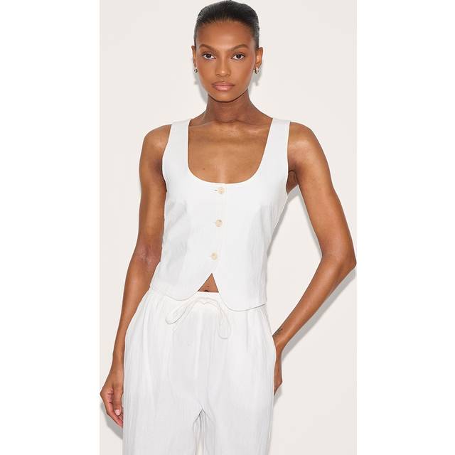 White Linen Look Tailored Scoop Neck Fitted Waistcoat, White - 6