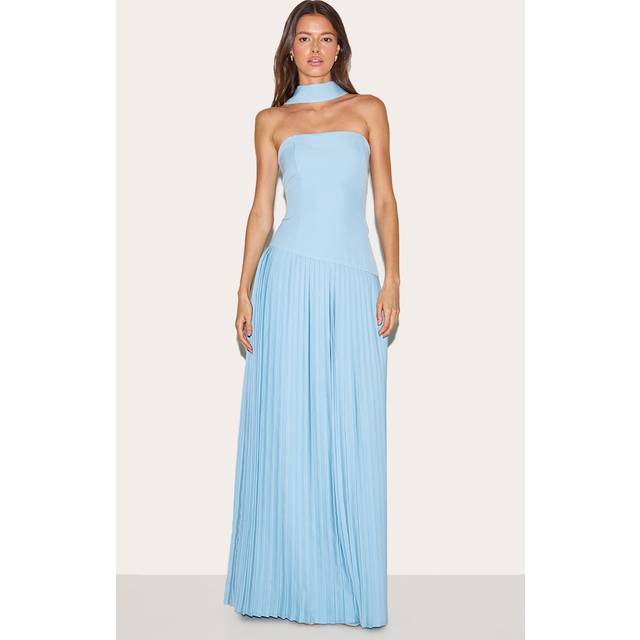 Pale Blue Woven Asymmetric Pleated Maxi Dress, Pale Blue - 14