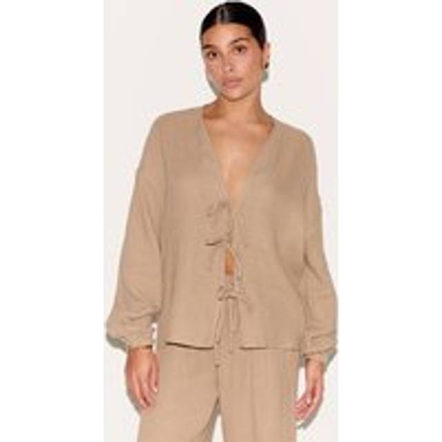 Petite Mushroom Cheesecloth Textured Tie Front Shirt, Mushroom - 6