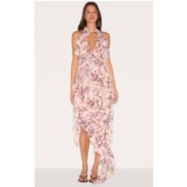 Stone Chiffon Print Frill Detail Plunge Midaxi Dress, White - 12