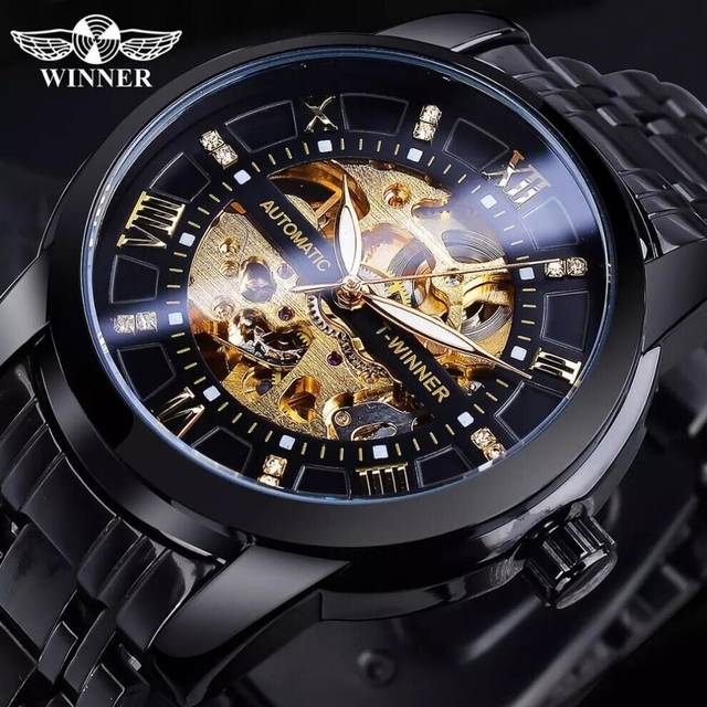 (black) Winner Golden Black Diamond Dial Skeleton Stainless Steel Waterproof Luminous Hand Rome Number Men Automatic Mechanical Watch
