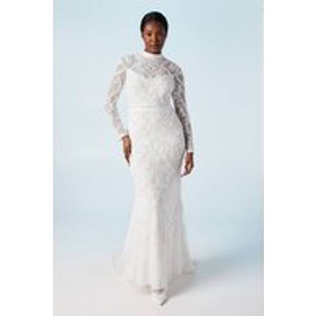 High Neck Vintage Style Embellished Wedding Dress - Ivory - 12