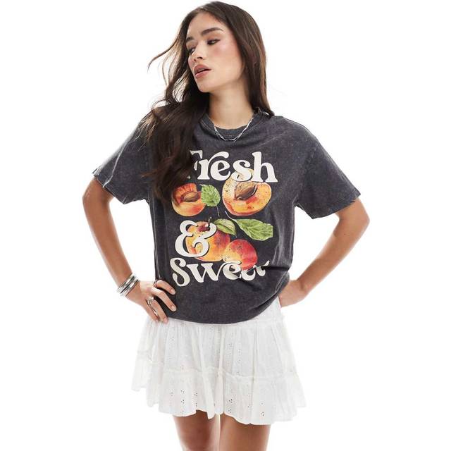 New Look Women's Dark Grey Peaches Oversized Acid Wash T-Shirt - UK 12