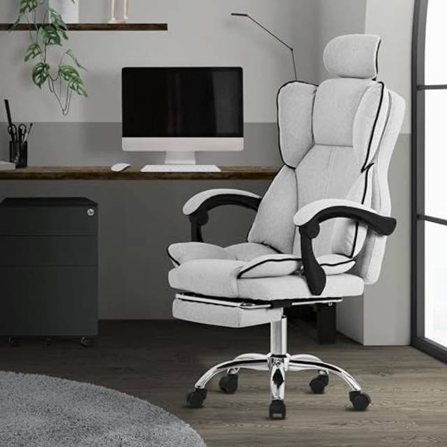 ML-Design ergonomisk kontorsstol, ljusgrå, höj- och sänkbar skrivbordsstol med högt ryggstöd, snurrstol med fotstöd, dyna, nackstöd, chefsstol med gungfunktion, datorstol, gamingstol