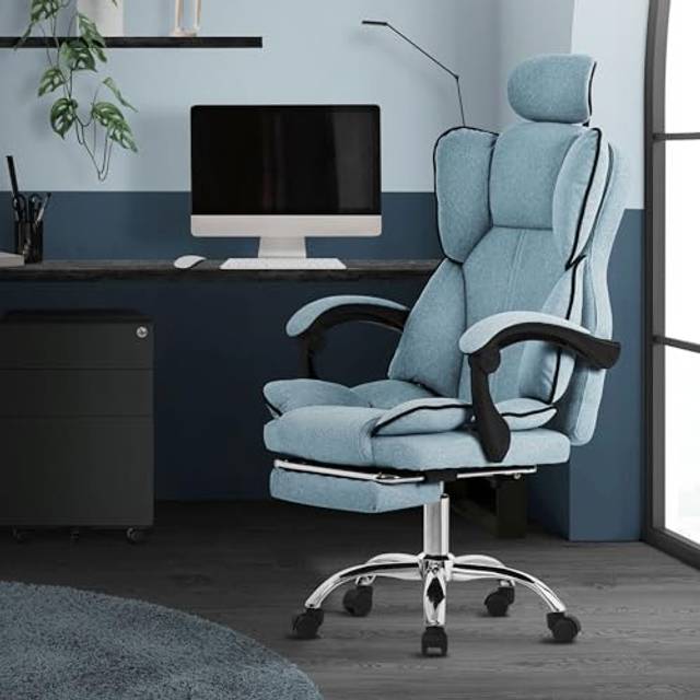 ML-Design ergonomisk blå kontorsstol, höj- och sänkbar skrivbordsstol med högt ryggstöd, snurrstol med fotstöd, dyna och nackstöd, chefsstol med gungfunktion, datorstol, gamingstol