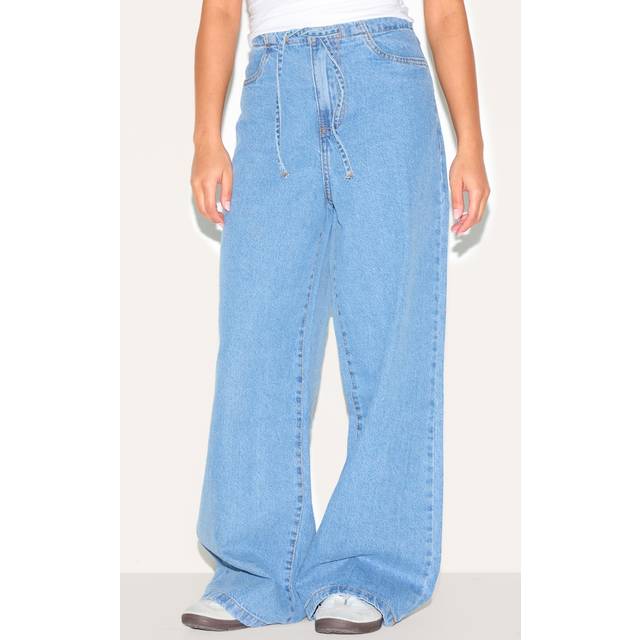 Petite Mid Blue Wash Low Rise Tie Waistband Wide Leg Jeans, Mid Blue Wash - 2