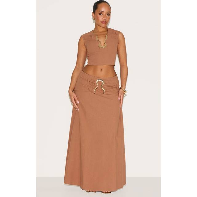 Shape Mocha Linen Look Fold Gold Wave Trim Maxi Skirt, Brown - 6