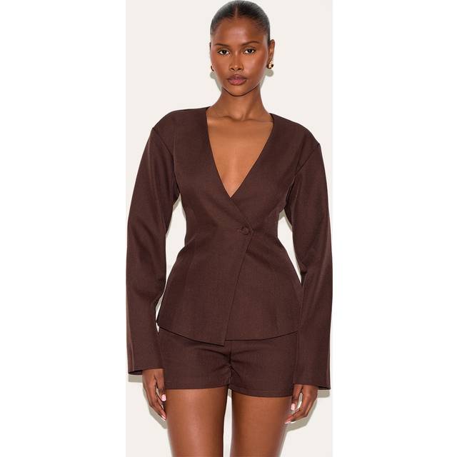 Deep Chocolate Tailored Cinched Waist Asymmetric Blazer, Deep Chocolate - 12