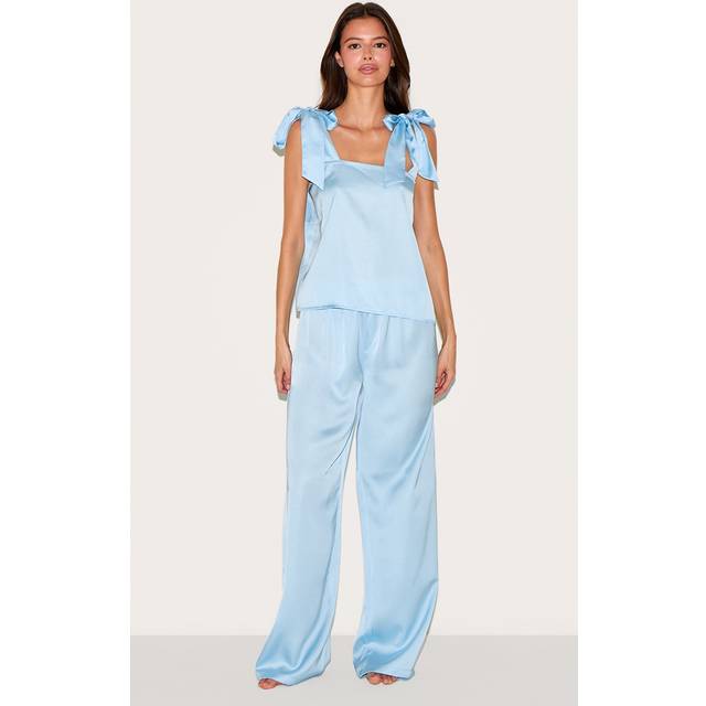 Baby Blue Satin Ribbon Tie Cami Long Pj Set, Blue - M