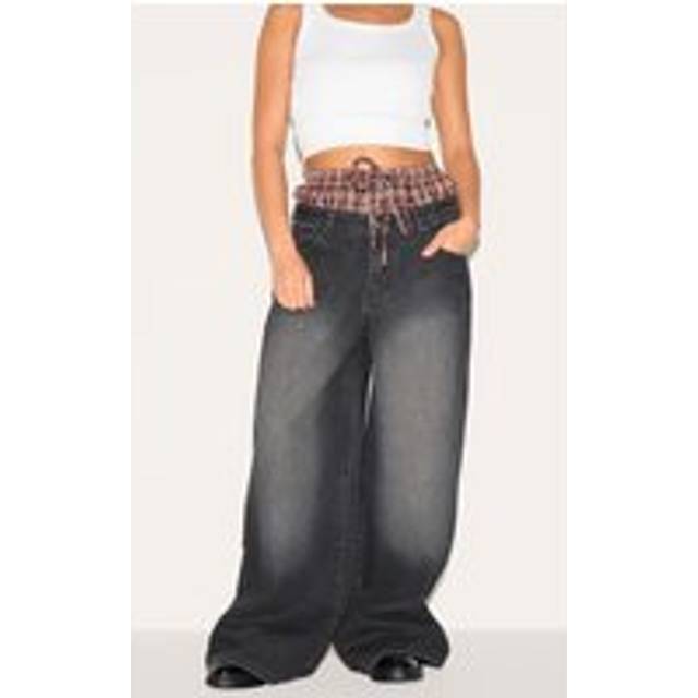 Petite Black Denim Double Layered Boxer Boyfriend Jeans, Black - 8