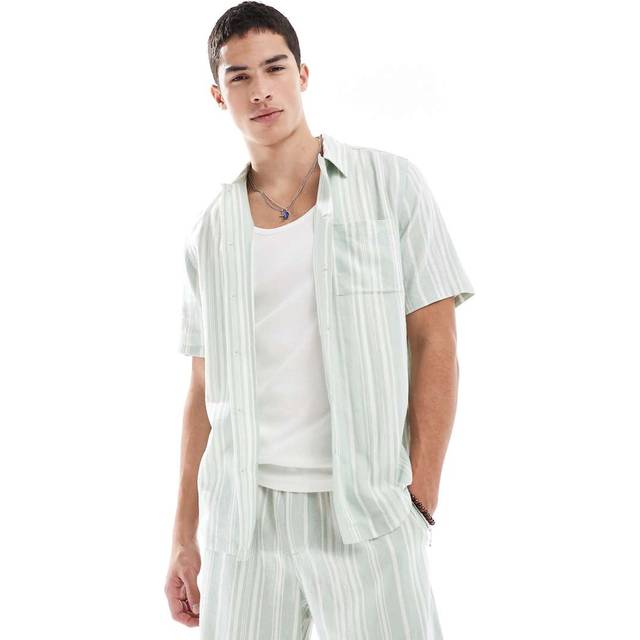 New Look Men's Green Regular Striped Flat Collar Linen Blend Shirt - XS