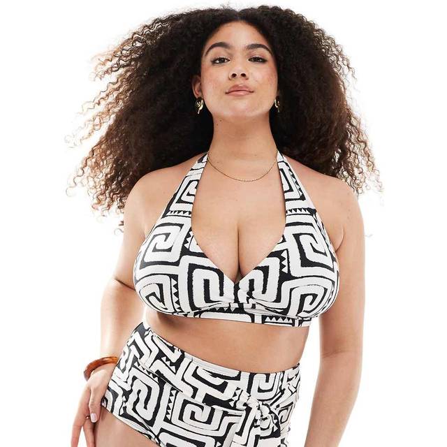 New Look Women's Plus Size Black Swirl Print Halterneck Bikini Top Curves - UK 26