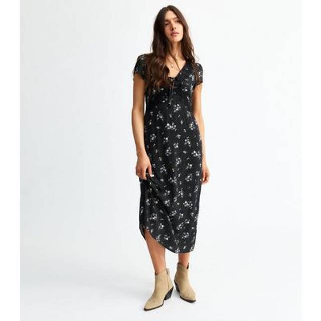 New Look Women's Black Floral Print Lace Trim Midi Dress - UK 16