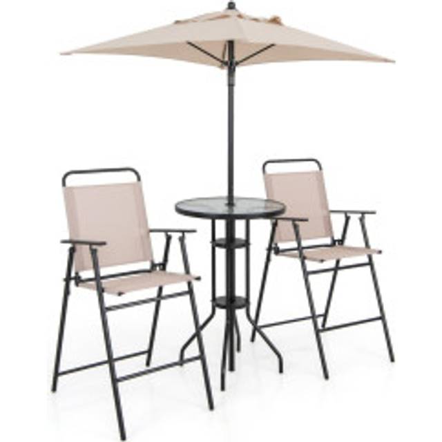 4-delat utomhus barset runt barbord med 2 hopfällbara barstolar & parasoll beige