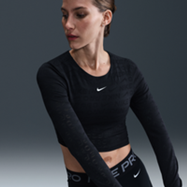 Nike Pro Women's Dri-FIT Long-Sleeve Cropped Jacquard Top - Black - Nylon/Elastane - M (UK 12&#x2013;14)
