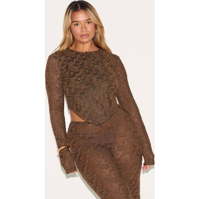 Shape Chocolate Textured Lace Button Front Cardigan, Chocolate - 12