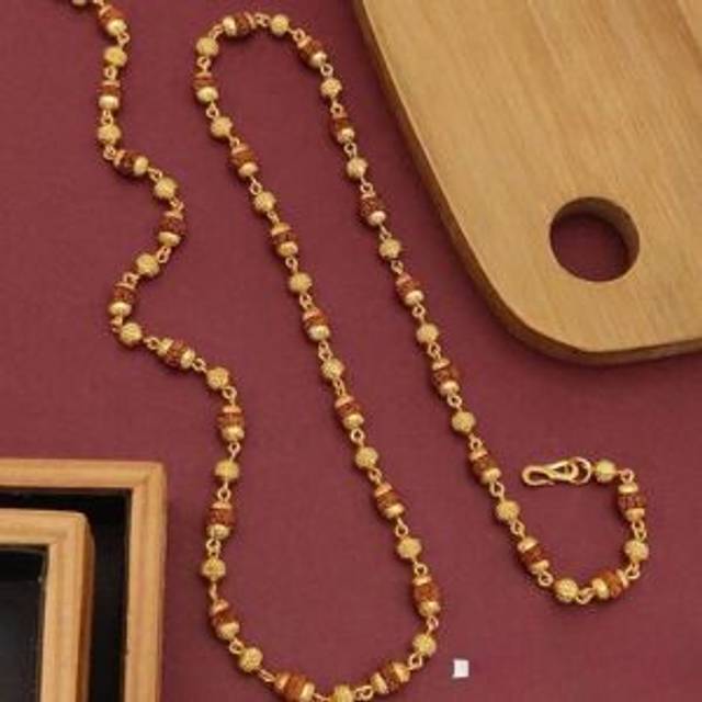 18ct Gold Plated Indian Lord Shiva Rudraksha Beaded Hindu Necklace - Brown - One Size