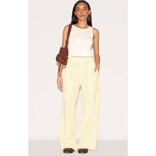 Petite Lemon Stripe Linen Look Elasticated Waist Trousers, Lemon - 12
